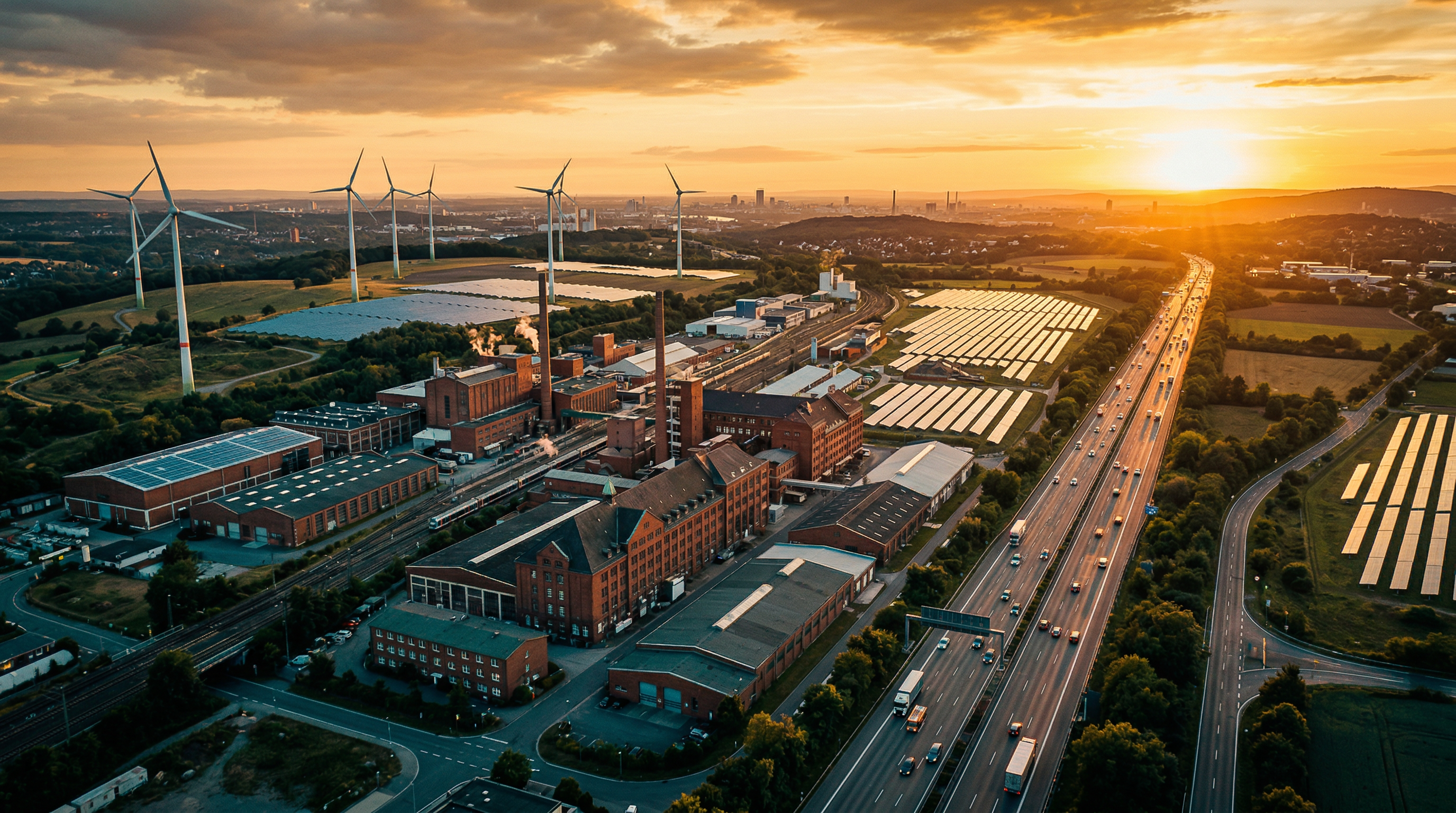 Deutsche Industrielandschaft im Wandel — traditionelle Fabriken neben modernen Windkraftanlagen und Solarfeldern