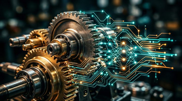 Präzisionszahnräder verschmelzen mit digitalen Schaltkreisen — Symbol für die Verbindung von deutscher Ingenieurskunst und KI